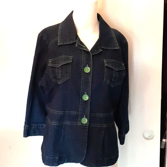Onque shacket blue denim shirt jacket s m green trim blazer top lagenlook casual - Picture 2 of 8